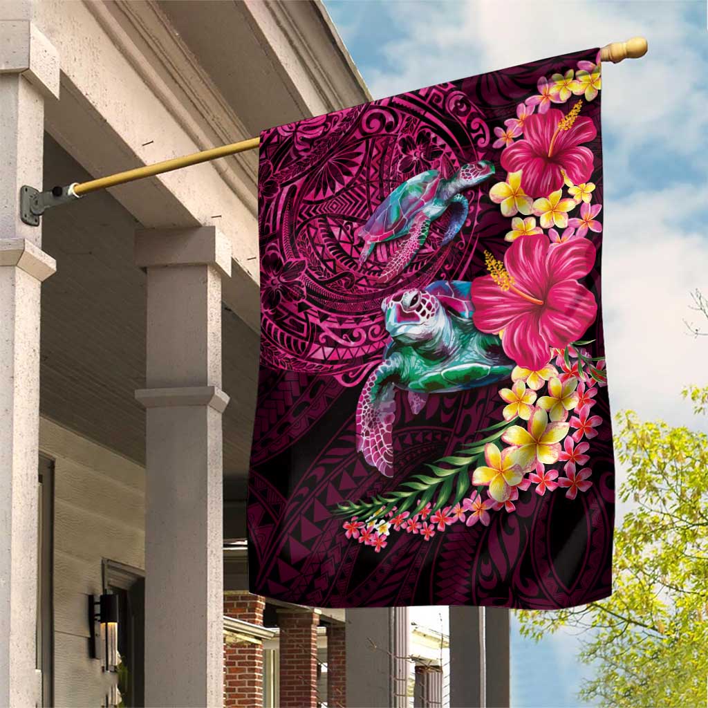 Hawaiian Plumeria and Hibiscus with Turtles Garden Flag Polynesian Art Red Color - Polynesian Pride