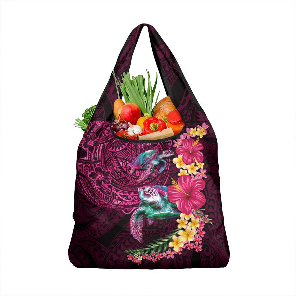 Hawaiian Plumeria and Hibiscus with Turtles Grocery Bag Polynesian Art Red Color - Polynesian Pride