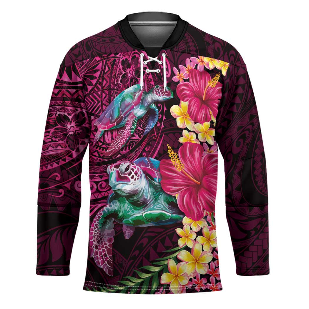 Hawaiian Plumeria and Hibiscus with Turtles Hockey Jersey Polynesian Art Red Color - Polynesian Pride