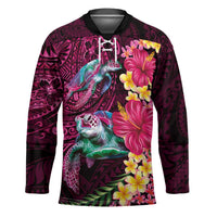 Hawaiian Plumeria and Hibiscus with Turtles Hockey Jersey Polynesian Art Red Color - Polynesian Pride