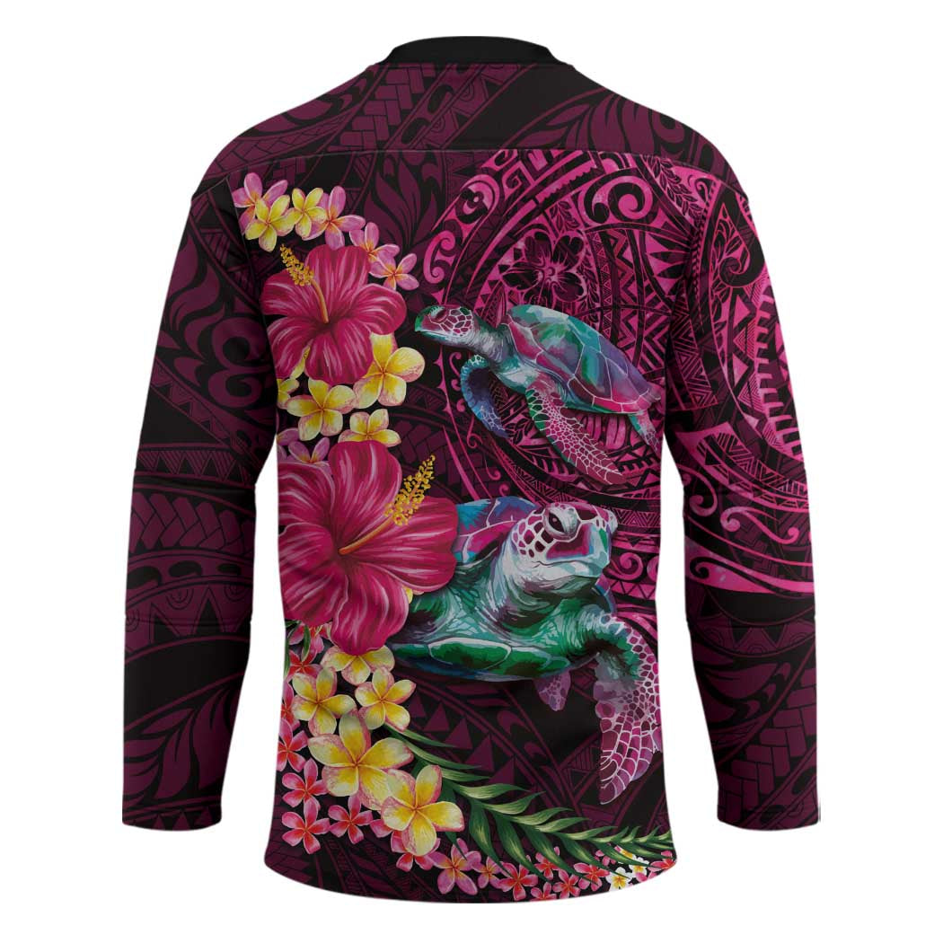 Hawaiian Plumeria and Hibiscus with Turtles Hockey Jersey Polynesian Art Red Color - Polynesian Pride