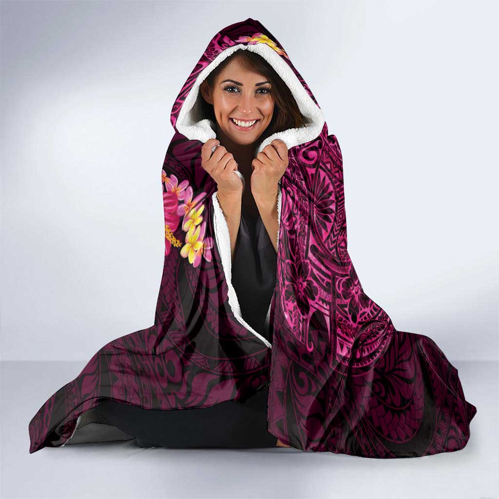 Hawaiian Plumeria and Hibiscus with Turtles Hooded Blanket Polynesian Art Red Color - Polynesian Pride
