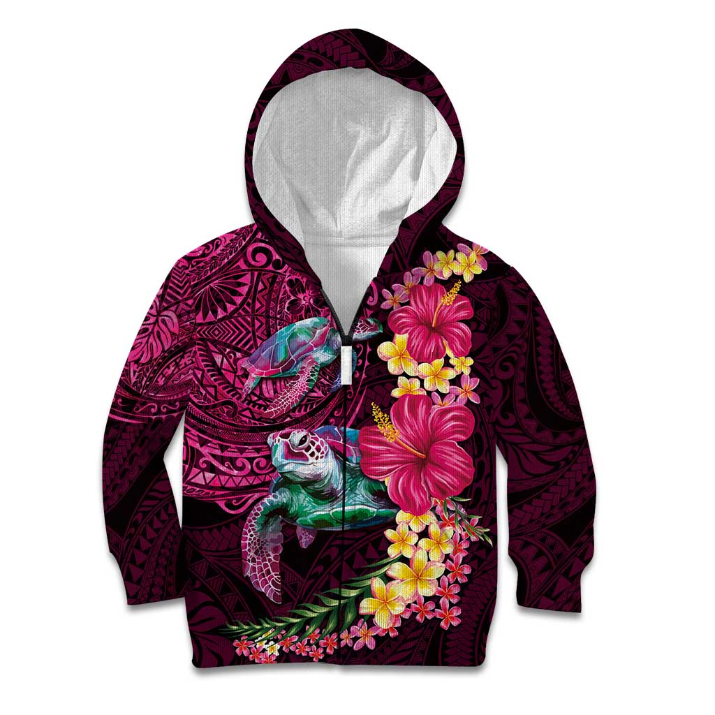 Hawaiian Plumeria and Hibiscus with Turtles Kid Hoodie Polynesian Art Red Color - Polynesian Pride