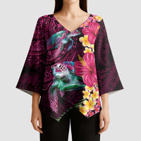 Hawaiian Plumeria and Hibiscus with Turtles Kimono Sleeve Blouse Polynesian Art Red Color - Polynesian Pride