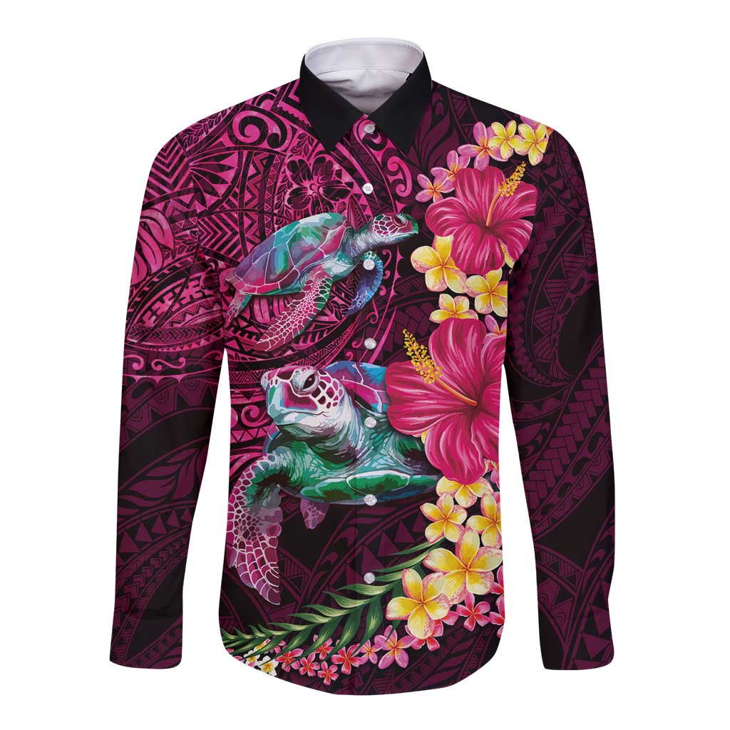 Hawaiian Plumeria and Hibiscus with Turtles Long Sleeve Button Shirt Polynesian Art Red Color LT03 Unisex Red - Polynesian Pride