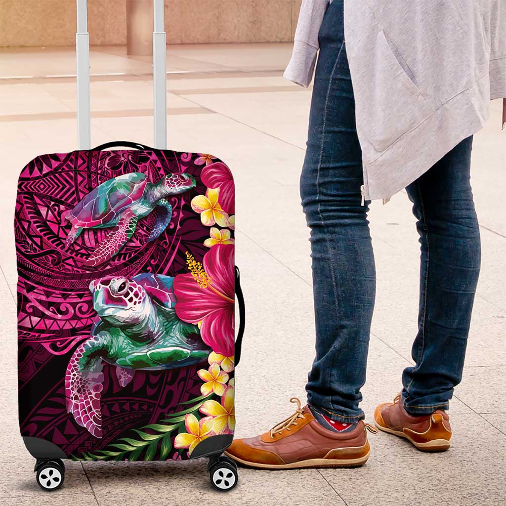 Hawaiian Plumeria and Hibiscus with Turtles Luggage Cover Polynesian Art Red Color - Polynesian Pride