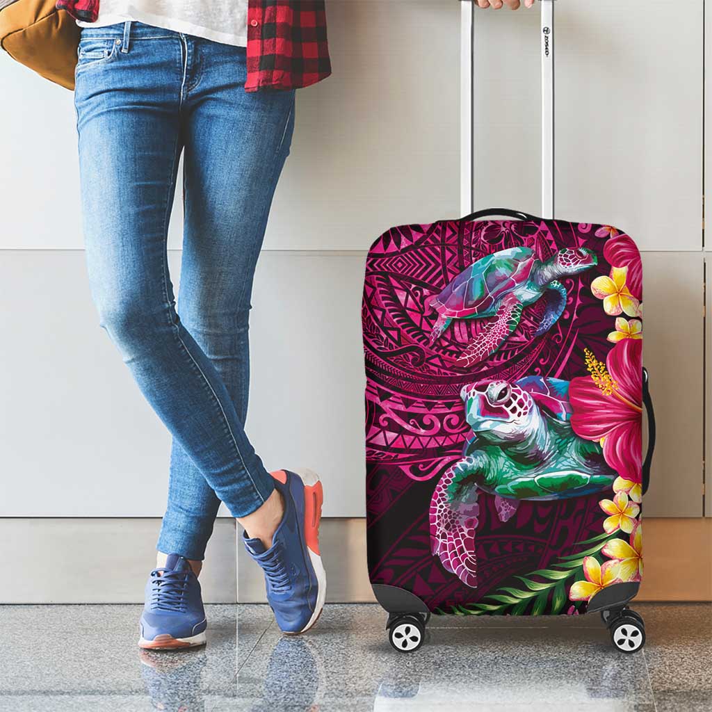 Hawaiian Plumeria and Hibiscus with Turtles Luggage Cover Polynesian Art Red Color - Polynesian Pride
