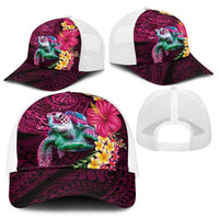 Hawaiian Plumeria and Hibiscus with Turtles Mesh Trucker Cap Polynesian Art Red Color - Polynesian Pride
