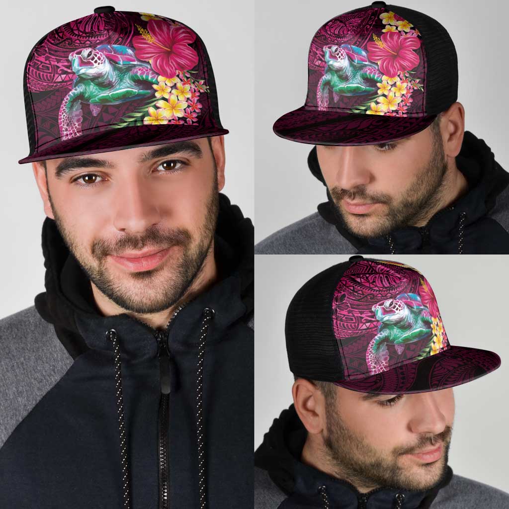 Hawaiian Plumeria and Hibiscus with Turtles Mesh Trucker Cap Polynesian Art Red Color - Polynesian Pride