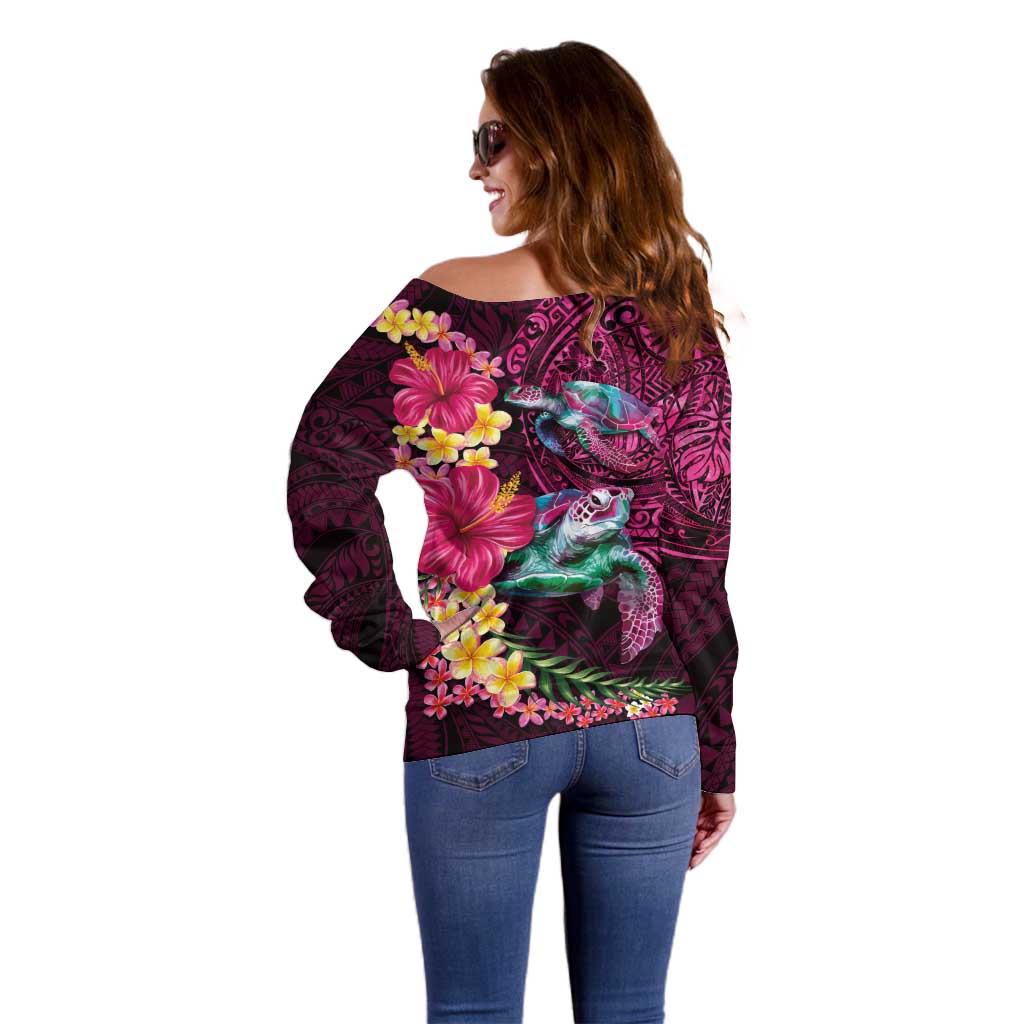 Hawaiian Plumeria and Hibiscus with Turtles Off Shoulder Sweater Polynesian Art Red Color - Polynesian Pride