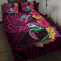 Hawaiian Plumeria and Hibiscus with Turtles Quilt Bed Set Polynesian Art Red Color - Polynesian Pride