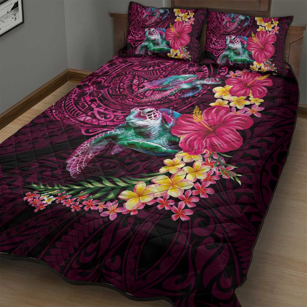 Hawaiian Plumeria and Hibiscus with Turtles Quilt Bed Set Polynesian Art Red Color - Polynesian Pride