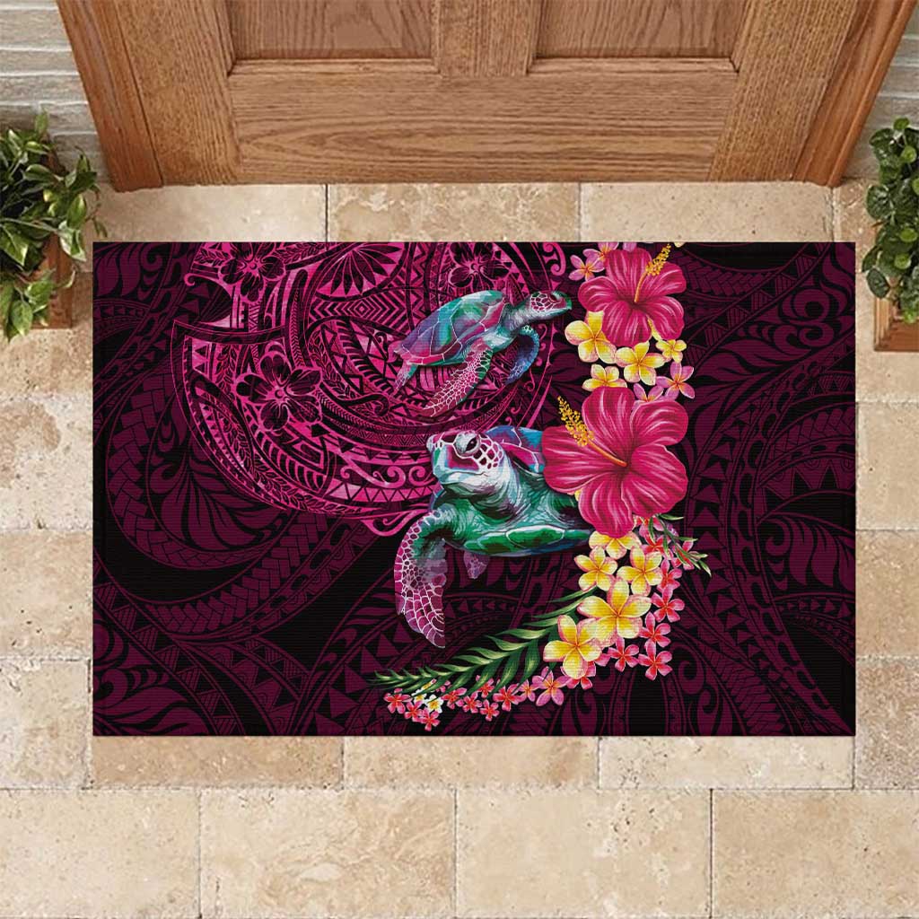 Hawaiian Plumeria and Hibiscus with Turtles Rubber Doormat Polynesian Art Red Color LT03 Red - Polynesian Pride