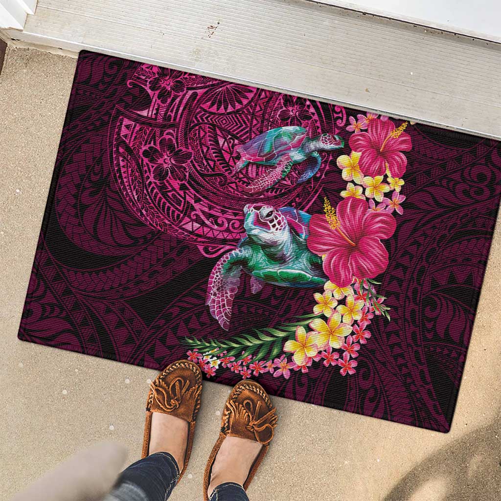 Hawaiian Plumeria and Hibiscus with Turtles Rubber Doormat Polynesian Art Red Color - Polynesian Pride