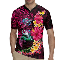 Hawaiian Plumeria and Hibiscus with Turtles Rugby Jersey Polynesian Art Red Color - Polynesian Pride