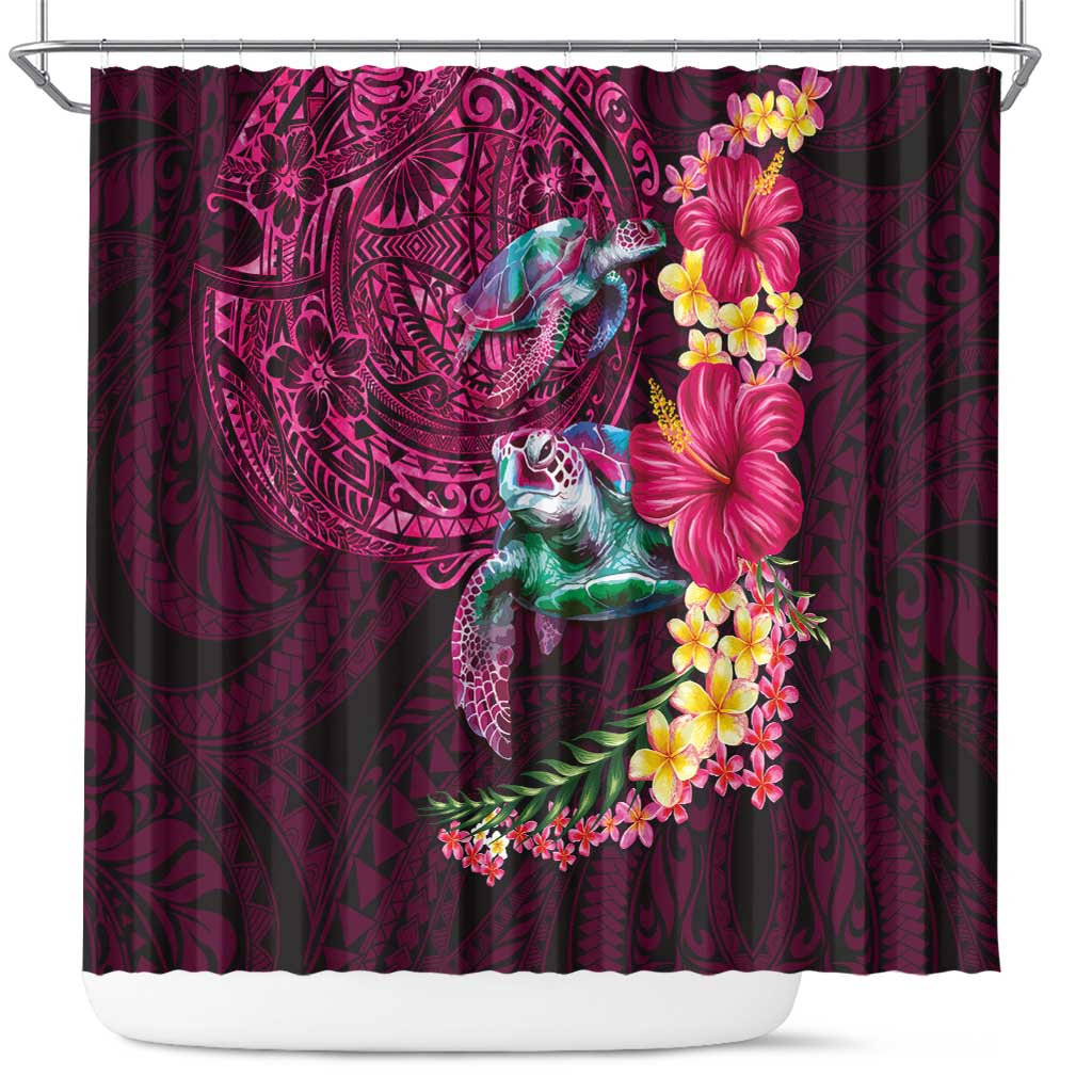 Hawaiian Plumeria and Hibiscus with Turtles Shower Curtain Polynesian Art Red Color - Polynesian Pride