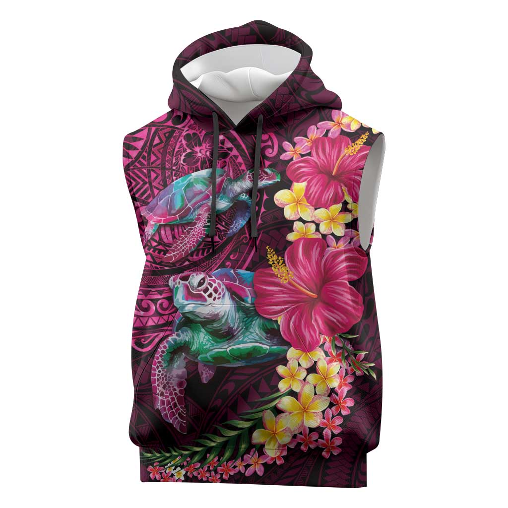 Hawaiian Plumeria and Hibiscus with Turtles Sleeveless Hoodie Polynesian Art Red Color LT03 Red - Polynesian Pride