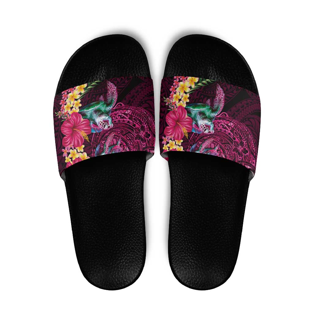 Hawaiian Plumeria and Hibiscus with Turtles Slide Sandals Polynesian Art Red Color LT03 Red - Polynesian Pride