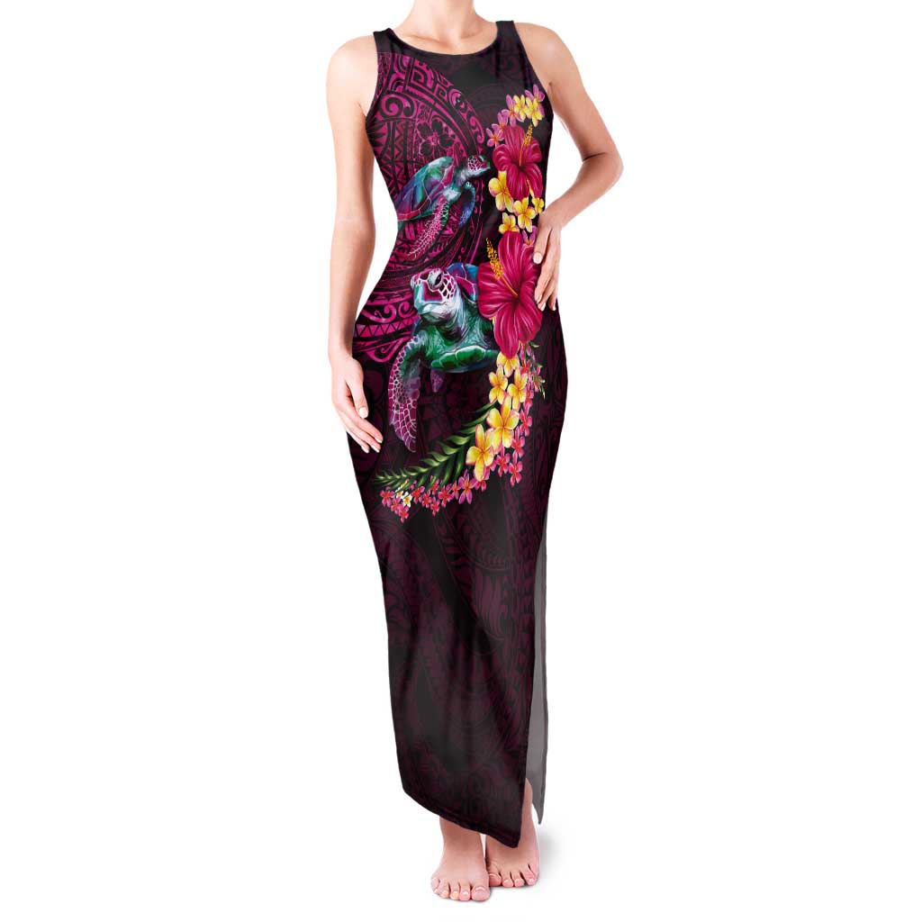 Hawaiian Plumeria and Hibiscus with Turtles Tank Maxi Dress Polynesian Art Red Color - Polynesian Pride