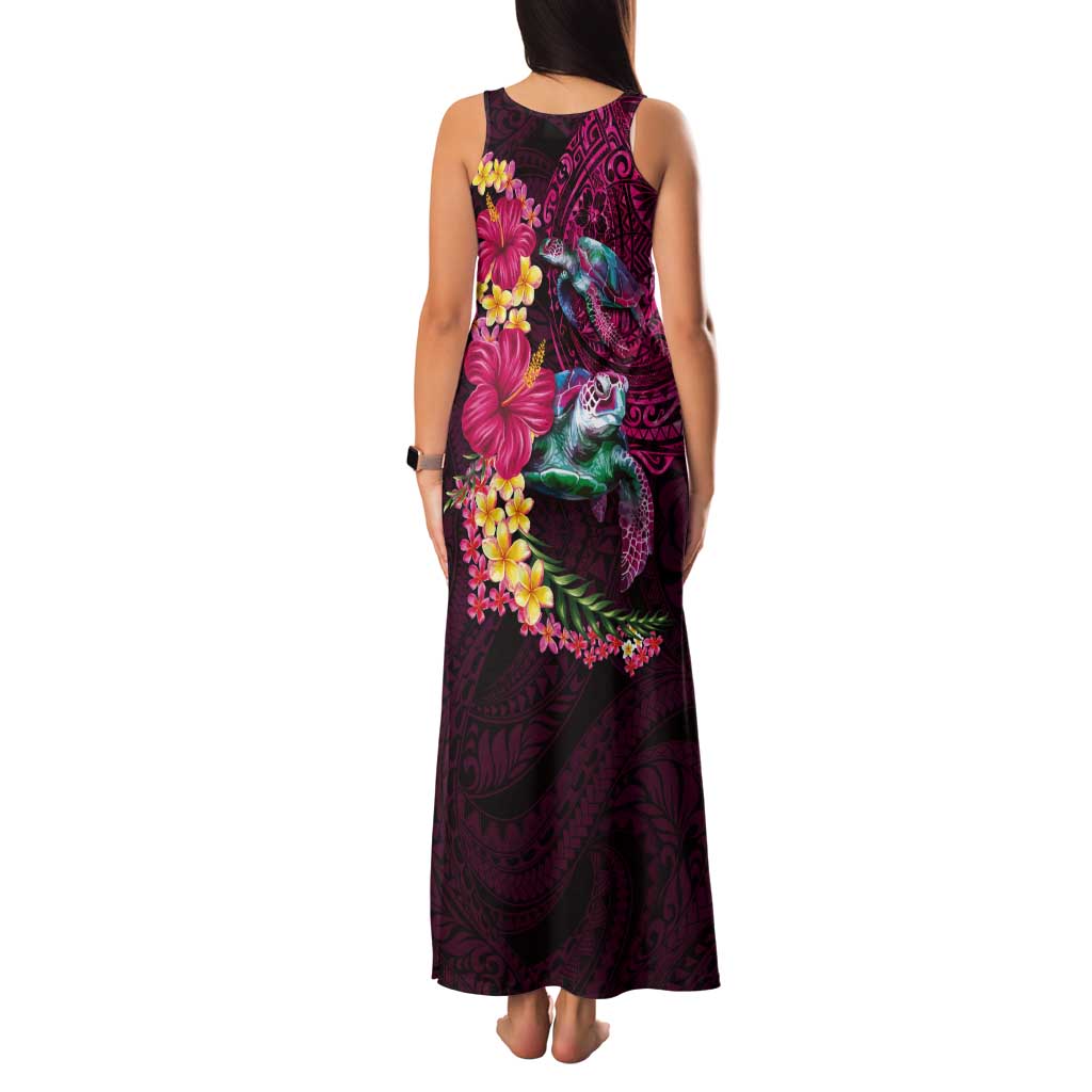 Hawaiian Plumeria and Hibiscus with Turtles Tank Maxi Dress Polynesian Art Red Color - Polynesian Pride