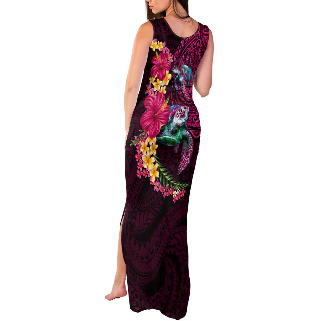 Hawaiian Plumeria and Hibiscus with Turtles Tank Maxi Dress Polynesian Art Red Color - Polynesian Pride