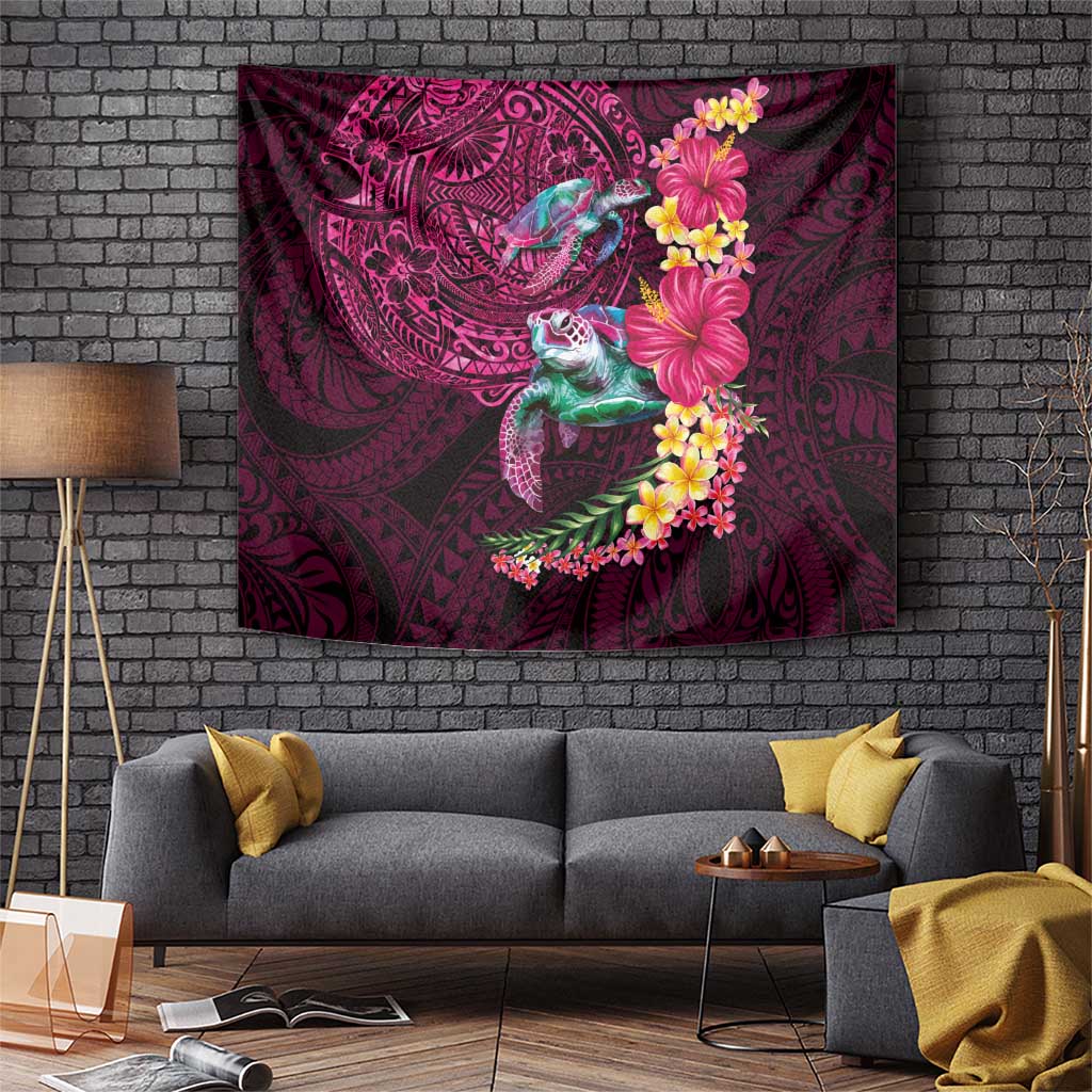 Hawaiian Plumeria and Hibiscus with Turtles Tapestry Polynesian Art Red Color LT03 Red - Polynesian Pride