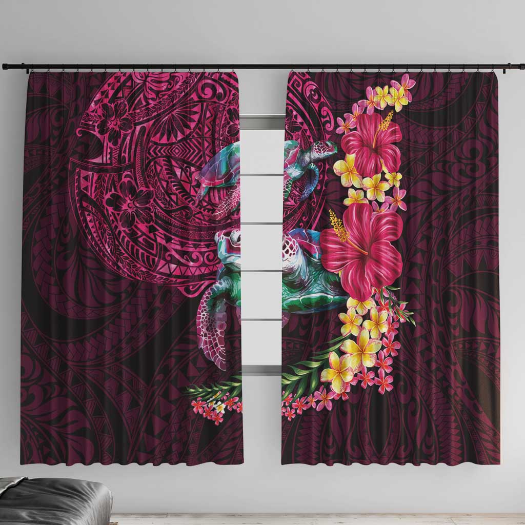 Hawaiian Plumeria and Hibiscus with Turtles Window Curtain Polynesian Art Red Color - Polynesian Pride