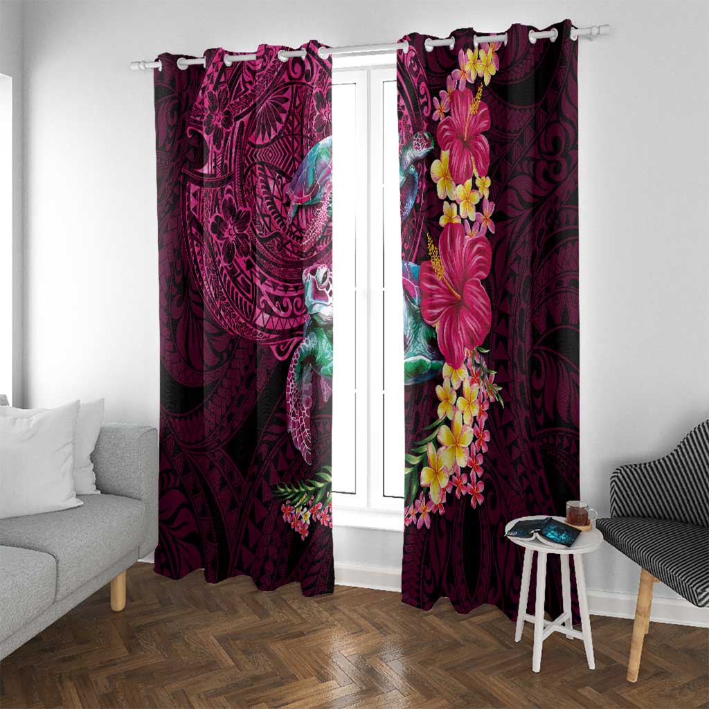 Hawaiian Plumeria and Hibiscus with Turtles Window Curtain Polynesian Art Red Color - Polynesian Pride