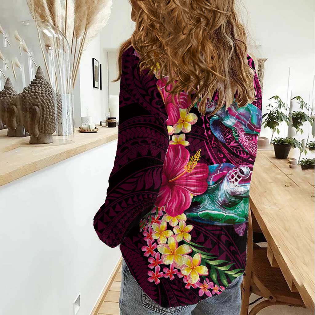 Hawaiian Plumeria and Hibiscus with Turtles Women Casual Shirt Polynesian Art Red Color - Polynesian Pride