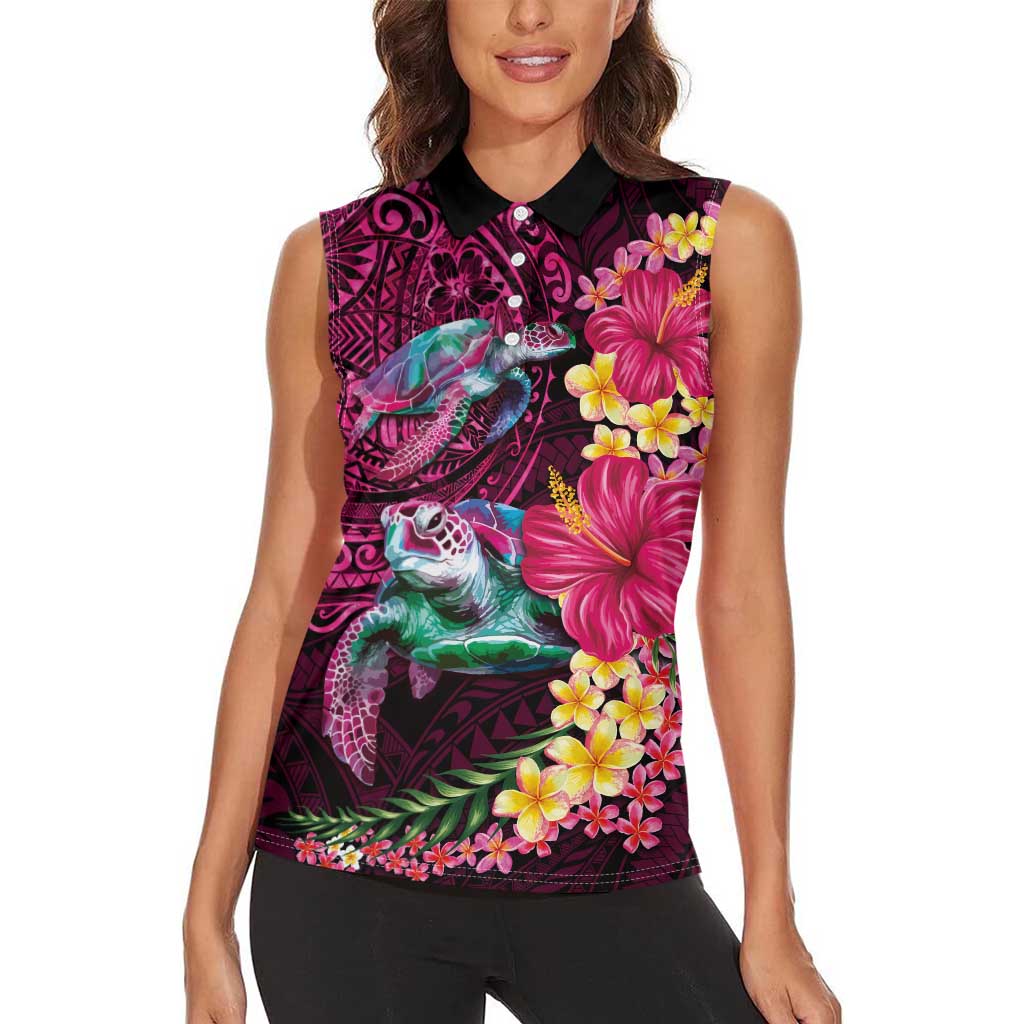Hawaiian Plumeria and Hibiscus with Turtles Women Sleeveless Polo Shirt Polynesian Art Red Color - Polynesian Pride