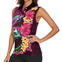 Hawaiian Plumeria and Hibiscus with Turtles Women Sleeveless Polo Shirt Polynesian Art Red Color - Polynesian Pride