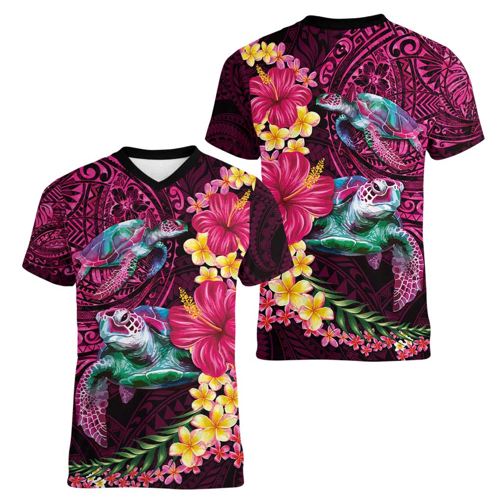 Hawaiian Plumeria and Hibiscus with Turtles Women V-Neck T-Shirt Polynesian Art Red Color - Polynesian Pride