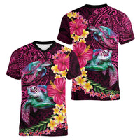 Hawaiian Plumeria and Hibiscus with Turtles Women V-Neck T-Shirt Polynesian Art Red Color - Polynesian Pride