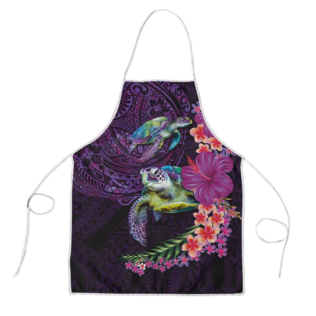 Hawaiian Plumeria and Hibiscus with Turtles Apron Polynesian Art Purple Color - Polynesian Pride