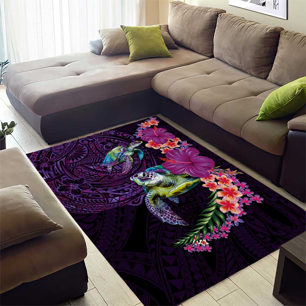 Hawaiian Plumeria and Hibiscus with Turtles Area Rug Polynesian Art Purple Color - Polynesian Pride