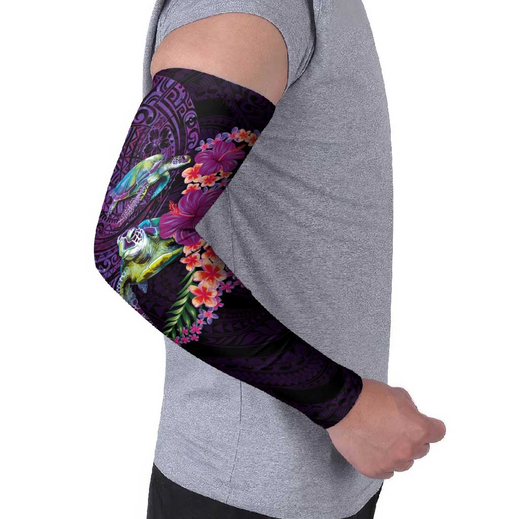 Hawaiian Plumeria and Hibiscus with Turtles Arm Sleeves Polynesian Art Purple Color - Polynesian Pride