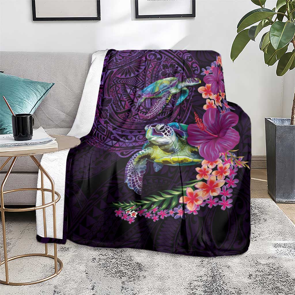 Hawaiian Plumeria and Hibiscus with Turtles Blanket Polynesian Art Purple Color - Polynesian Pride