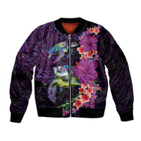 Hawaiian Plumeria and Hibiscus with Turtles Bomber Jacket Polynesian Art Purple Color - Polynesian Pride