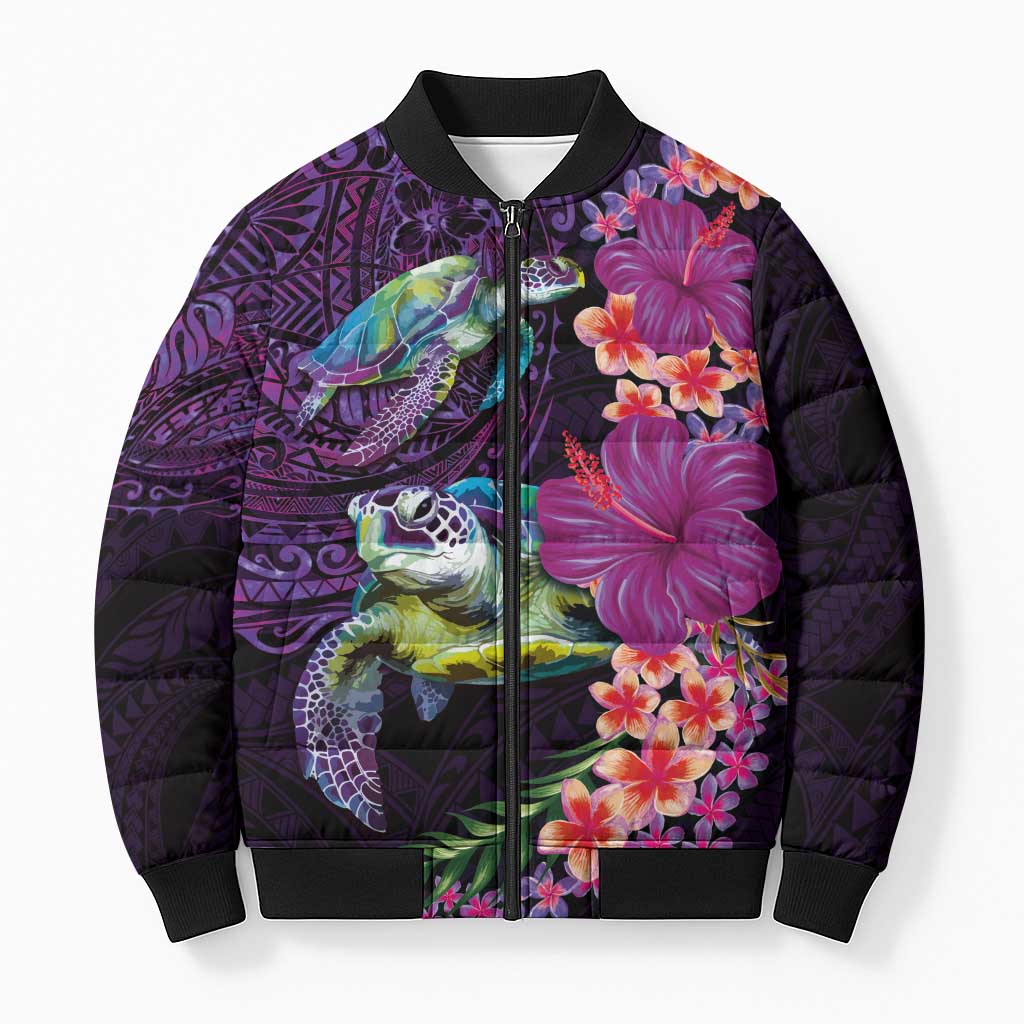 Hawaiian Plumeria and Hibiscus with Turtles Bomber Puffer Jacket Polynesian Art Purple Color LT03 Unisex Purple - Polynesian Pride