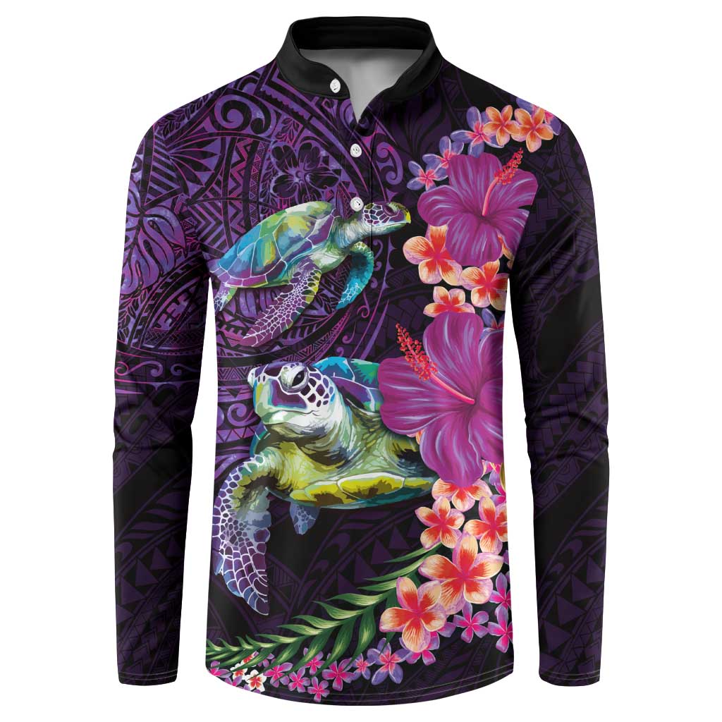 Hawaiian Plumeria and Hibiscus with Turtles Button Sweatshirt Polynesian Art Purple Color LT03 Purple - Polynesian Pride