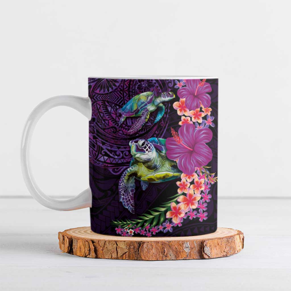 Hawaiian Plumeria and Hibiscus with Turtles Ceramic Mug Polynesian Art Purple Color LT03 Purple - Polynesian Pride
