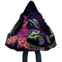 Hawaiian Plumeria and Hibiscus with Turtles Cloak Polynesian Art Purple Color - Polynesian Pride