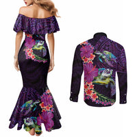 Hawaiian Plumeria and Hibiscus with Turtles Couples Matching Mermaid Dress and Long Sleeve Button Shirt Polynesian Art Purple Color - Polynesian Pride