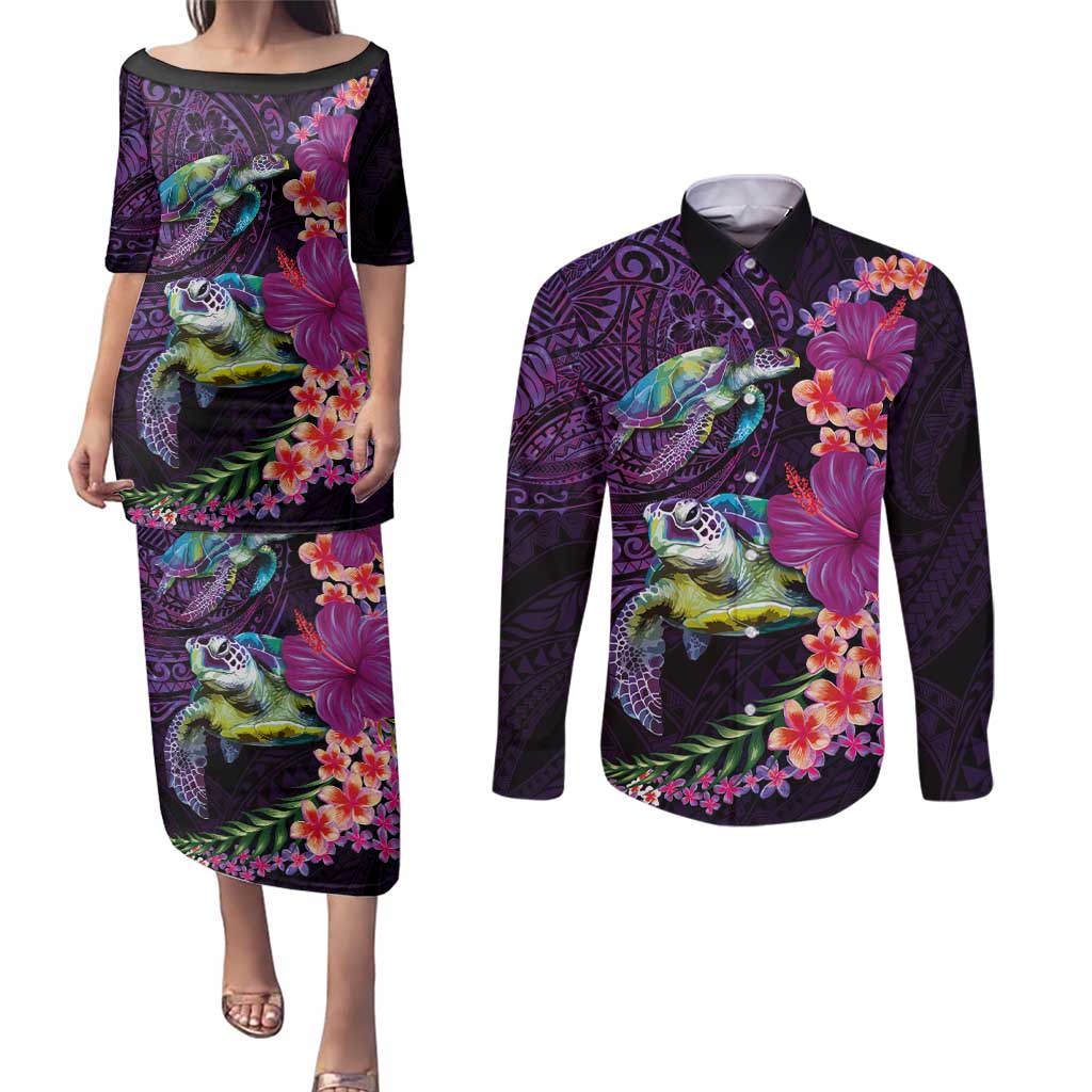 Hawaiian Plumeria and Hibiscus with Turtles Couples Matching Puletasi and Long Sleeve Button Shirt Polynesian Art Purple Color - Polynesian Pride