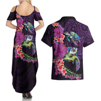 Hawaiian Plumeria and Hibiscus with Turtles Couples Matching Summer Maxi Dress and Hawaiian Shirt Polynesian Art Purple Color - Polynesian Pride