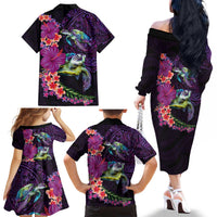 Hawaiian Plumeria and Hibiscus with Turtles Family Matching Off The Shoulder Long Sleeve Dress and Hawaiian Shirt Polynesian Art Purple Color - Polynesian Pride