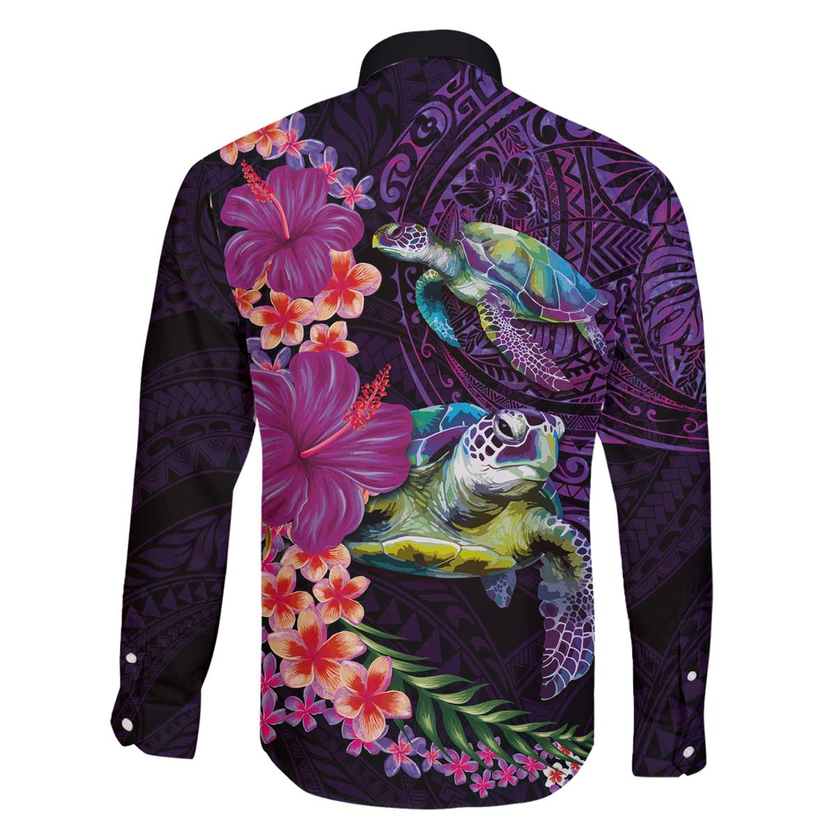 Hawaiian Plumeria and Hibiscus with Turtles Family Matching Off The Shoulder Long Sleeve Dress and Hawaiian Shirt Polynesian Art Purple Color - Polynesian Pride