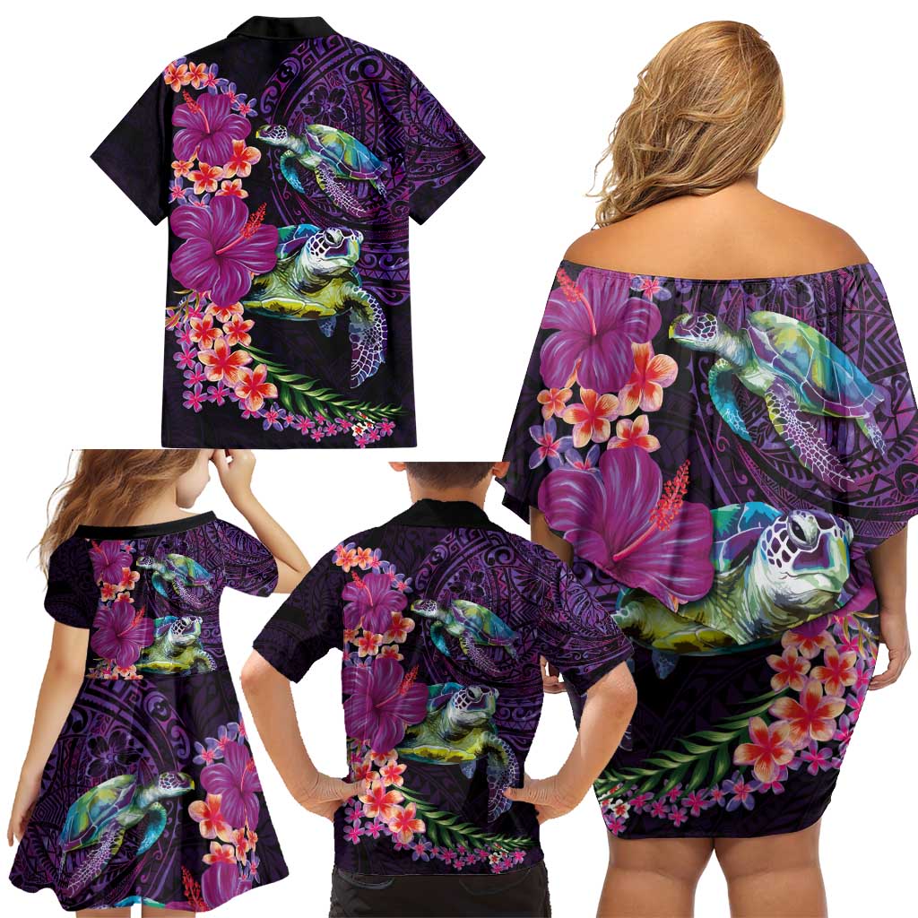 Hawaiian Plumeria and Hibiscus with Turtles Family Matching Off Shoulder Short Dress and Hawaiian Shirt Polynesian Art Purple Color - Polynesian Pride