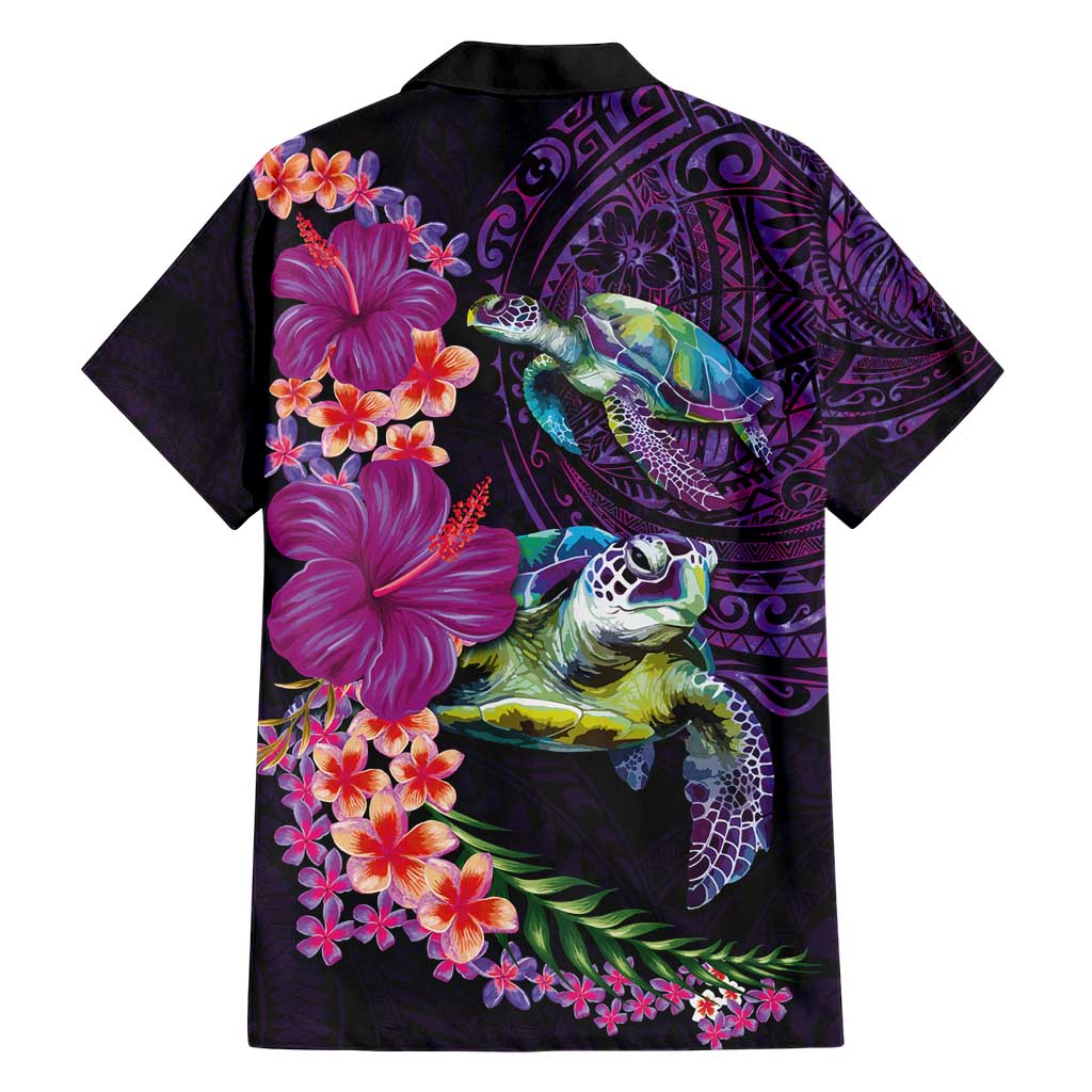 Hawaiian Plumeria and Hibiscus with Turtles Family Matching Short Sleeve Bodycon Dress and Hawaiian Shirt Polynesian Art Purple Color - Polynesian Pride