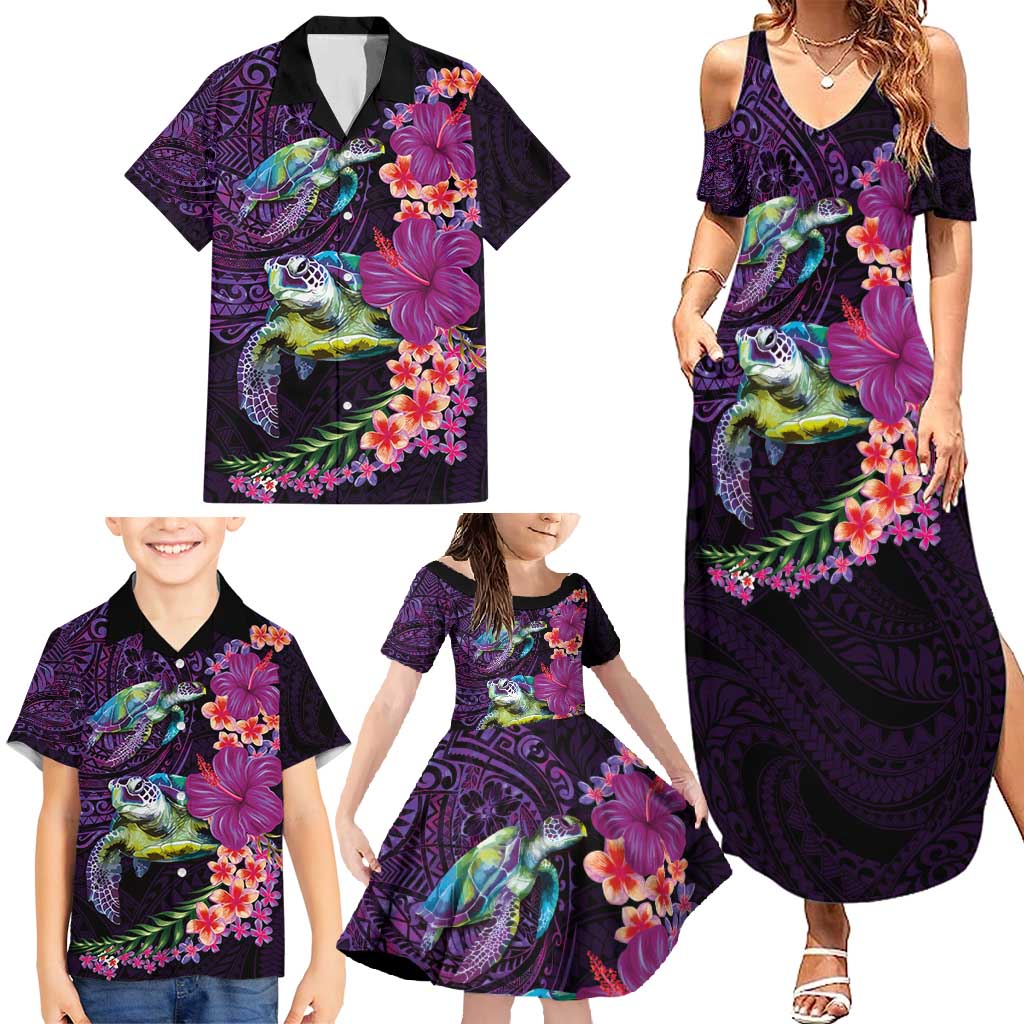 Hawaiian Plumeria and Hibiscus with Turtles Family Matching Summer Maxi Dress and Hawaiian Shirt Polynesian Art Purple Color - Polynesian Pride
